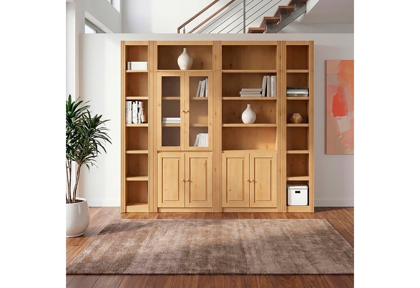 OTTO home Bücherwand Bergen Bücherregal mit 1 Vitrine, offene und geschlossene Fächer, massives Kiefernholz, natürlichen Maserung, Knopfgriffe, Breite 255 cm Bild 3