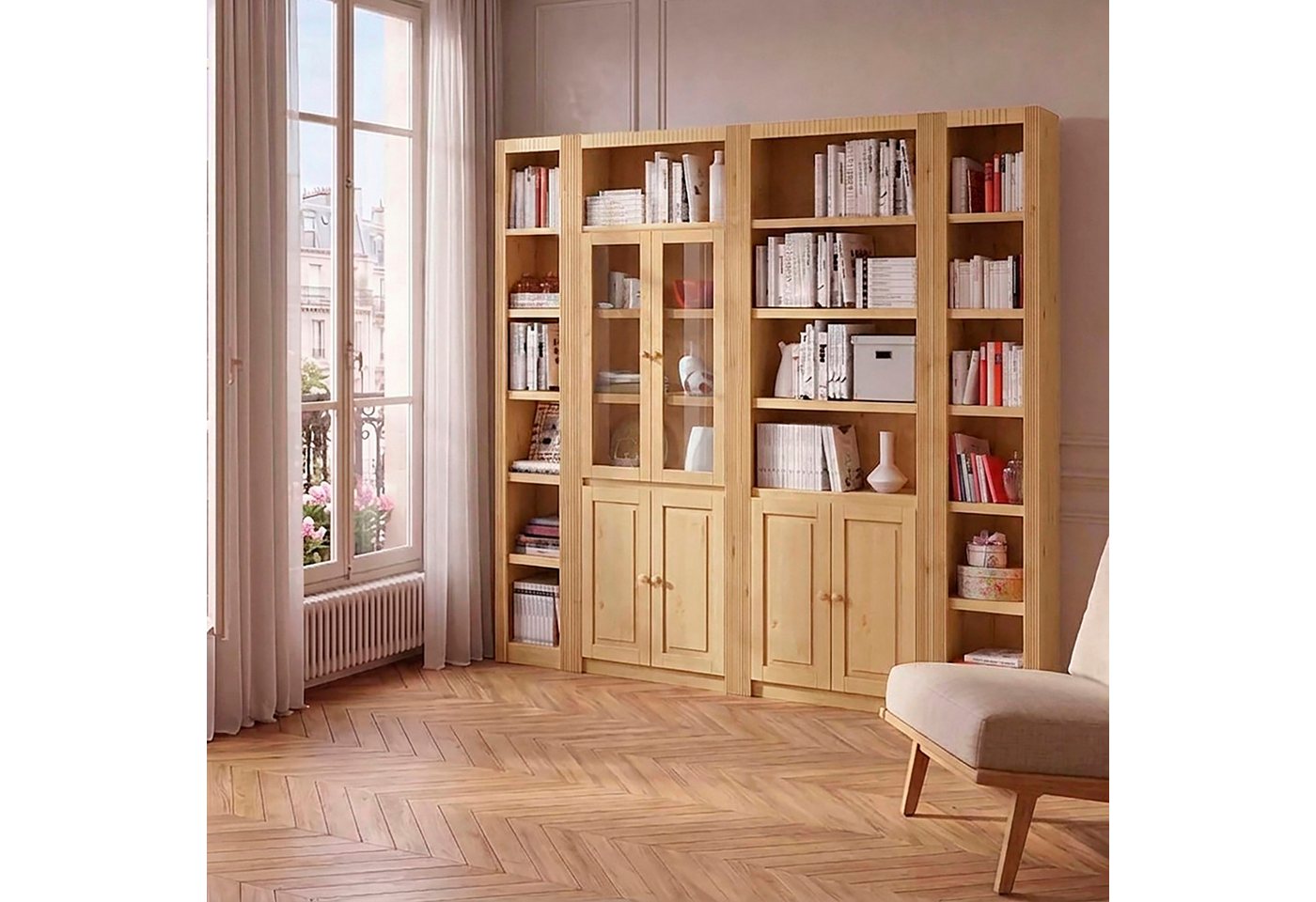 OTTO home Bücherwand Bergen Bücherregal mit 1 Vitrine, offene und geschlossene Fächer, massives Kiefernholz, natürlichen Maserung, Knopfgriffe, Breite 255 cm Bild 4