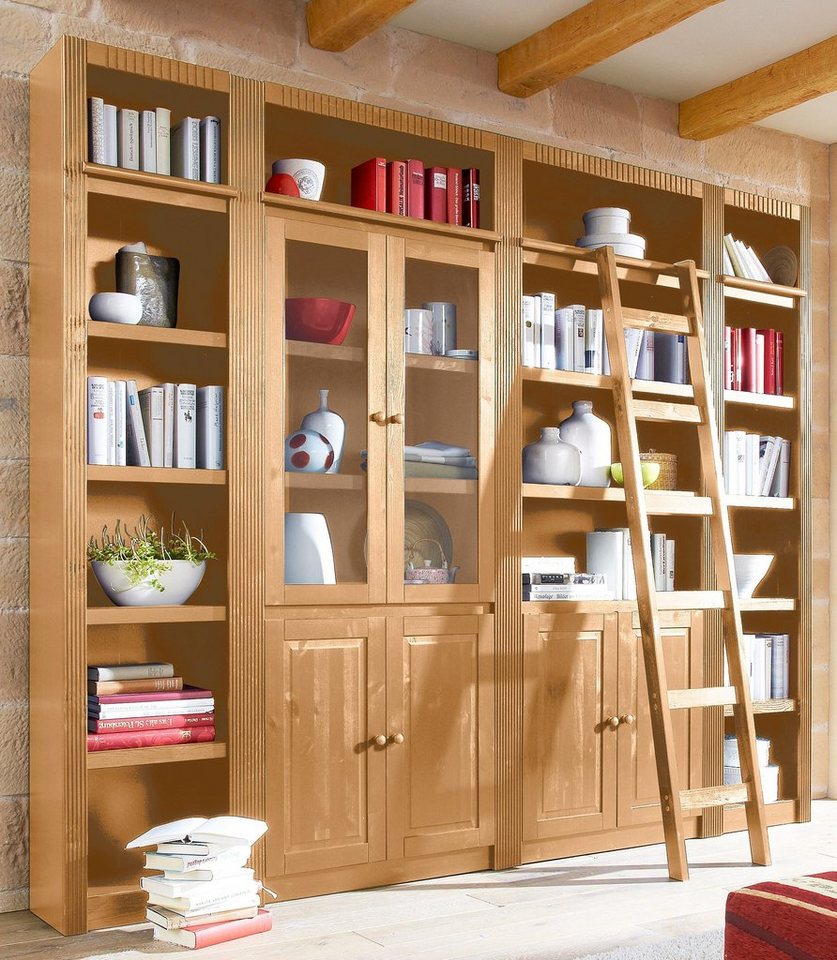 OTTO home Bücherwand Bergen Bücherregal mit 1 Vitrine, offene und geschlossene Fächer, massives Kiefernholz, natürlichen Maserung, Knopfgriffe, Breite 255 cm Bild 5