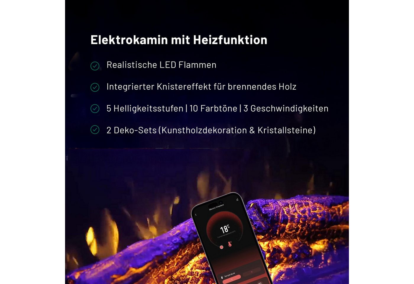 GF Core Elektrokamin Hestia weiß / grau / schwarz 3D LED Kamin mit Heizung, Elektrischer Kamin mit 3D Feuer mit Heizung, 2 Dekorationen