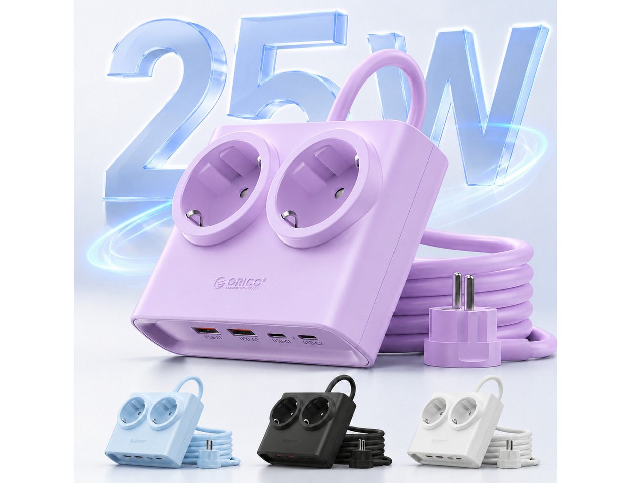 ORICO Steckdose USB 25W GaN Mehrfachsteckdose 6-in-1 Steckdosenleiste,2AC+2USB +2CPD, flacher 1,3 cm Stecke, 1-St., 1,6 m Kabel, 2500 W., für Haushalt & Büro Bild 5