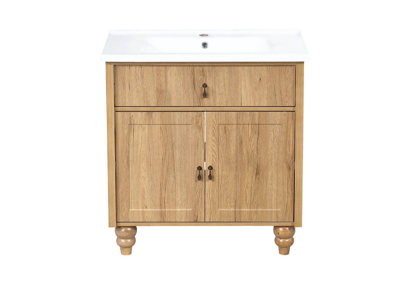 Flieks Waschtisch Waschbeckenunterschrank, Retro-Massivholzbeine & Retro-Schwenkgriff (bodenstehend, Badschrank mit Soft-Close-Funktion-Scharnieren, 1-St., 81x47x86 cm), Badezimmerschrank mit Waschbecken, Klappen& Türregal Holzoptik Natur