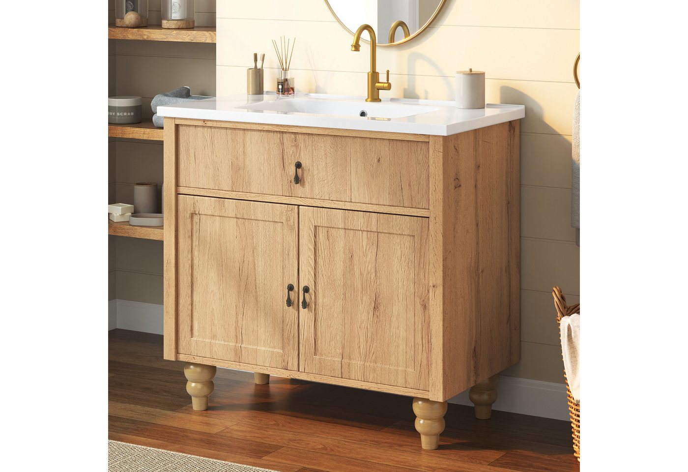 Flieks Waschtisch Waschbeckenunterschrank, Retro-Massivholzbeine & Retro-Schwenkgriff (bodenstehend, Badschrank mit Soft-Close-Funktion-Scharnieren, 1-St., 81x47x86 cm), Badezimmerschrank mit Waschbecken, Klappen& Türregal Holzoptik Natur Bild 2