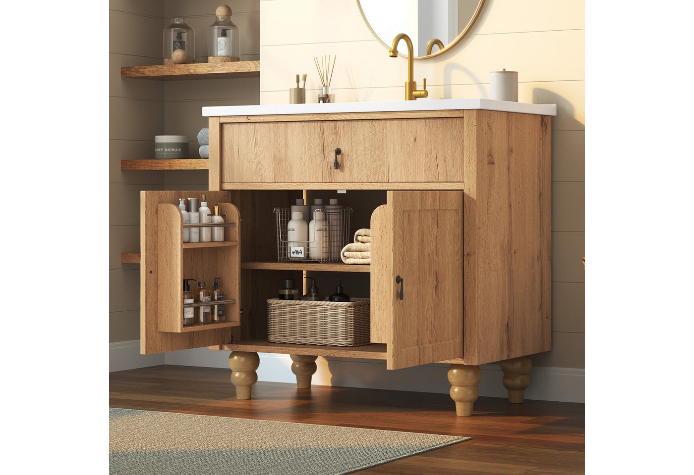 Flieks Waschtisch Waschbeckenunterschrank, Retro-Massivholzbeine & Retro-Schwenkgriff (bodenstehend, Badschrank mit Soft-Close-Funktion-Scharnieren, 1-St., 81x47x86 cm), Badezimmerschrank mit Waschbecken, Klappen& Türregal Holzoptik Natur Bild 3