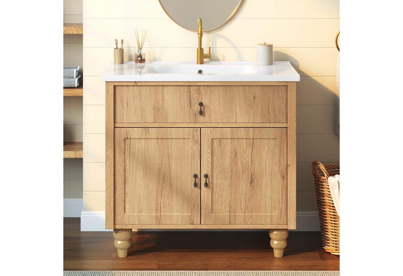 Flieks Waschtisch Waschbeckenunterschrank, Retro-Massivholzbeine & Retro-Schwenkgriff (bodenstehend, Badschrank mit Soft-Close-Funktion-Scharnieren, 1-St., 81x47x86 cm), Badezimmerschrank mit Waschbecken, Klappen& Türregal Holzoptik Natur Bild 4