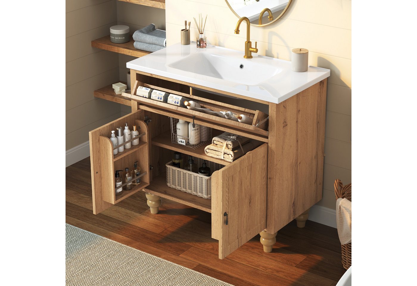 Flieks Waschtisch Waschbeckenunterschrank, Retro-Massivholzbeine & Retro-Schwenkgriff (bodenstehend, Badschrank mit Soft-Close-Funktion-Scharnieren, 1-St., 81x47x86 cm), Badezimmerschrank mit Waschbecken, Klappen& Türregal Holzoptik Natur Bild 5