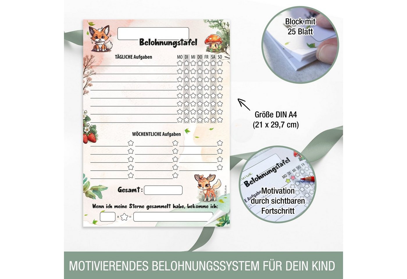 TOBJA Notizblock Belohnungstafel Kinder A4 Block Waldtiere, Motiviert Kinder ab 3 Belohnungssystem