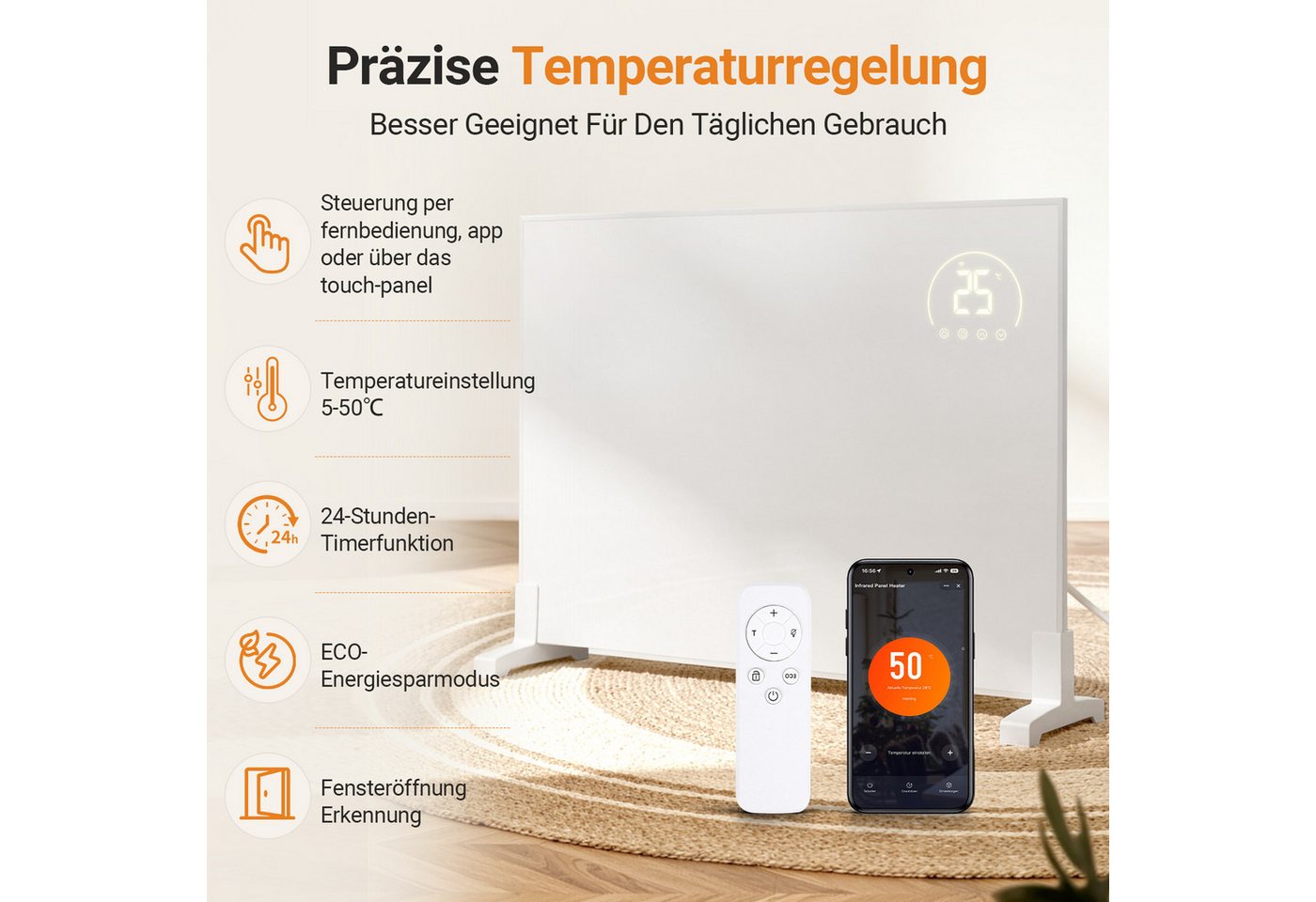 Clanmacy Infrarotheizung Infrarotheizung 960 W mit WLAN, Thermostat, Wandmontage und Standfüßen, Überhitzungsschutz, Einstellbarer Thermostat Bild 2