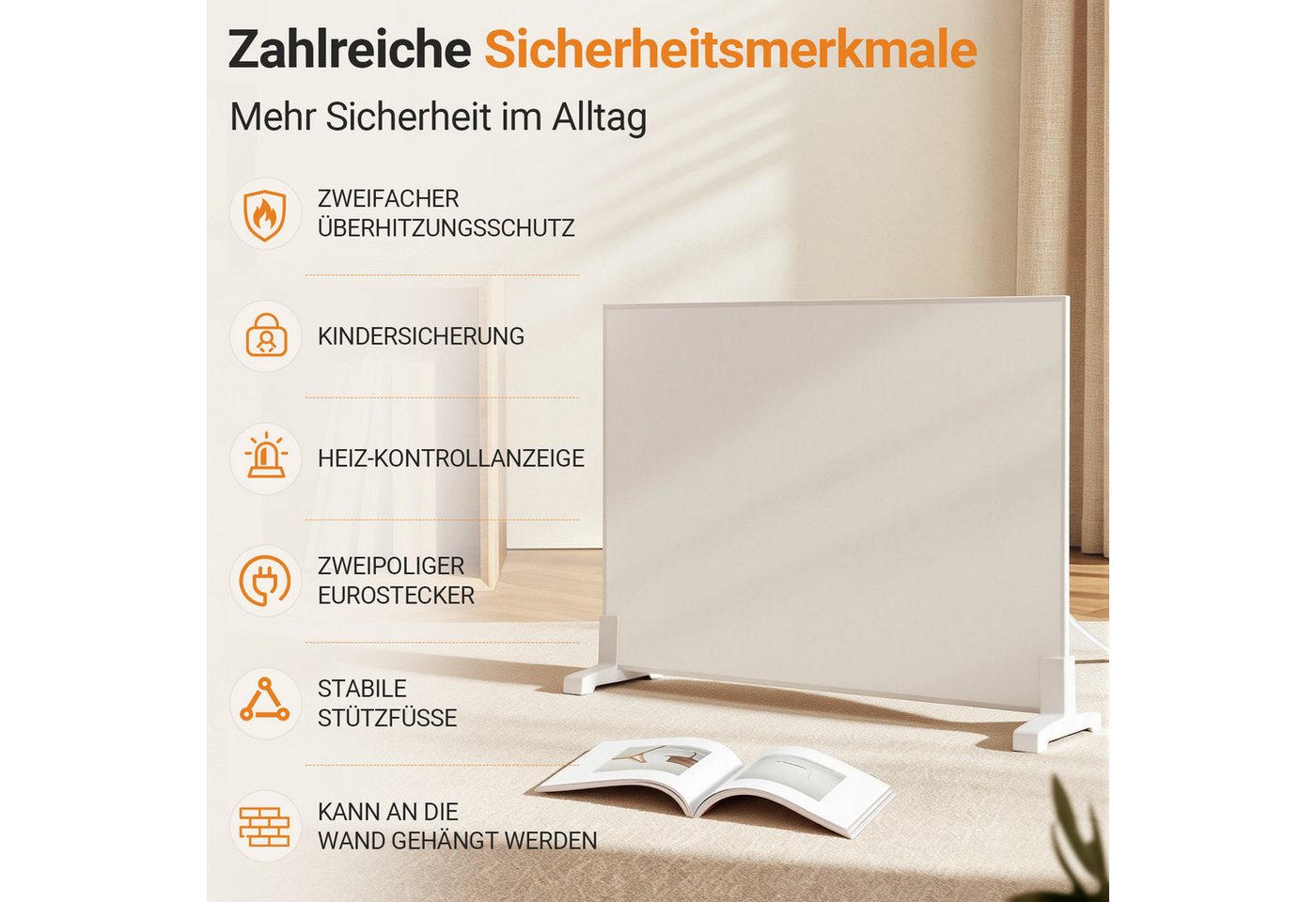 Clanmacy Infrarotheizung Infrarotheizung 960 W mit WLAN, Thermostat, Wandmontage und Standfüßen, Überhitzungsschutz, Einstellbarer Thermostat Bild 5