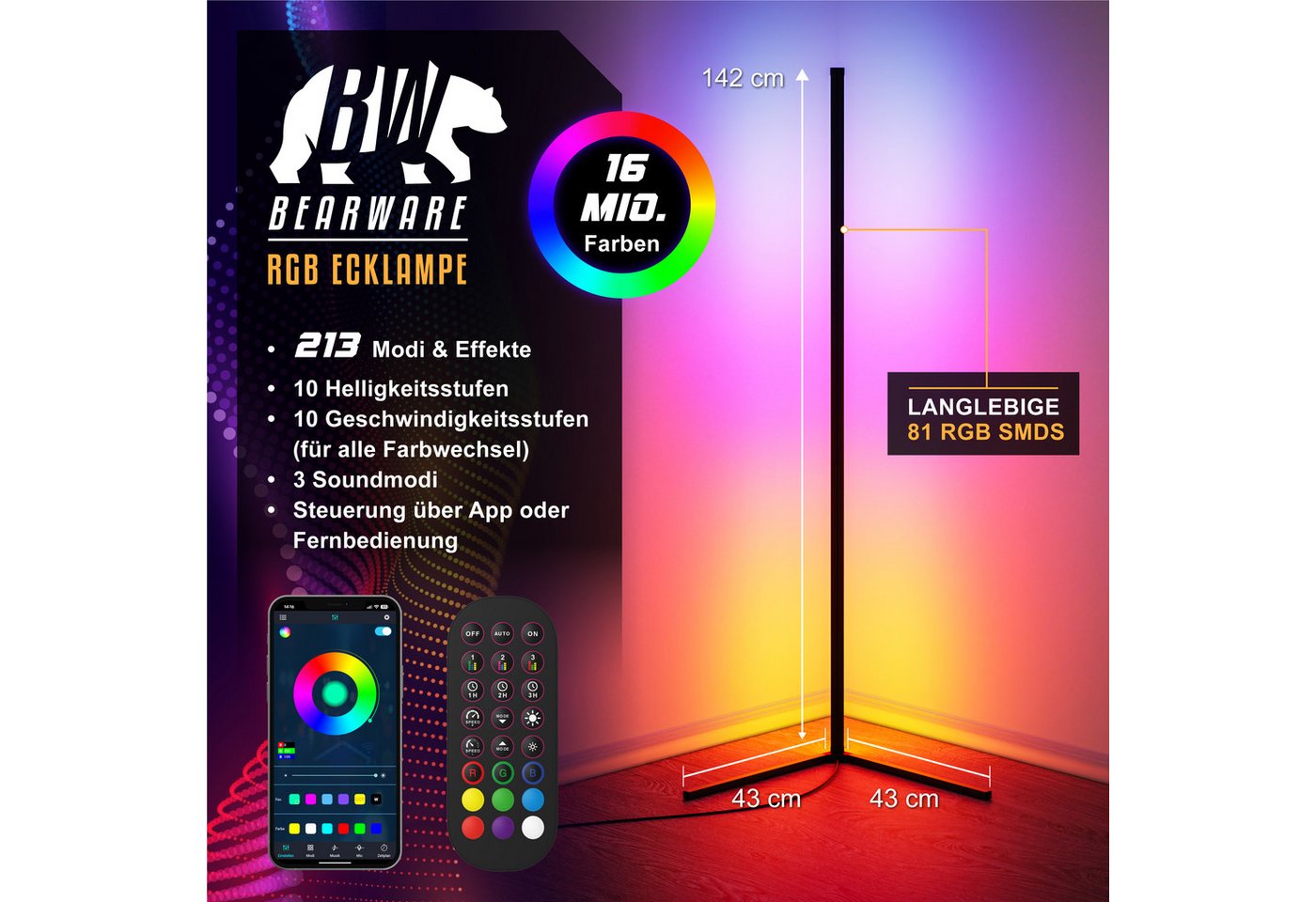 BEARWARE LED Stehlampe Smart Ecklampe, 142 cm, RGB Stimmungslicht mit Bluetooth App-Steuerung, Dimmfunktion, Farbwechsel, LED fest integriert, Farbwechsler, Musik Sync, Fernbedienung, Timer, Helligkeit & Geschwindigkeit wählbar