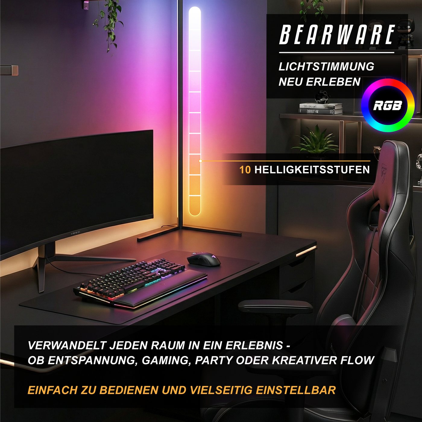 BEARWARE LED Stehlampe Smart Ecklampe, 142 cm, RGB Stimmungslicht mit Bluetooth App-Steuerung, Dimmfunktion, Farbwechsel, LED fest integriert, Farbwechsler, Musik Sync, Fernbedienung, Timer, Helligkeit & Geschwindigkeit wählbar Bild 2