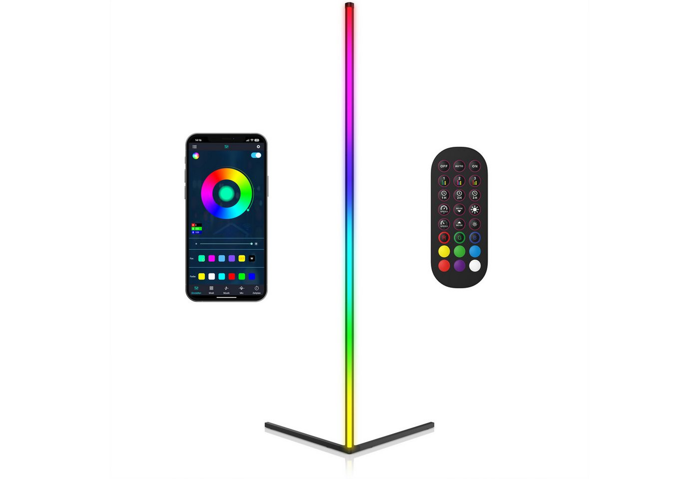 BEARWARE LED Stehlampe Smart Ecklampe, 142 cm, RGB Stimmungslicht mit Bluetooth App-Steuerung, Dimmfunktion, Farbwechsel, LED fest integriert, Farbwechsler, Musik Sync, Fernbedienung, Timer, Helligkeit & Geschwindigkeit wählbar Bild 3