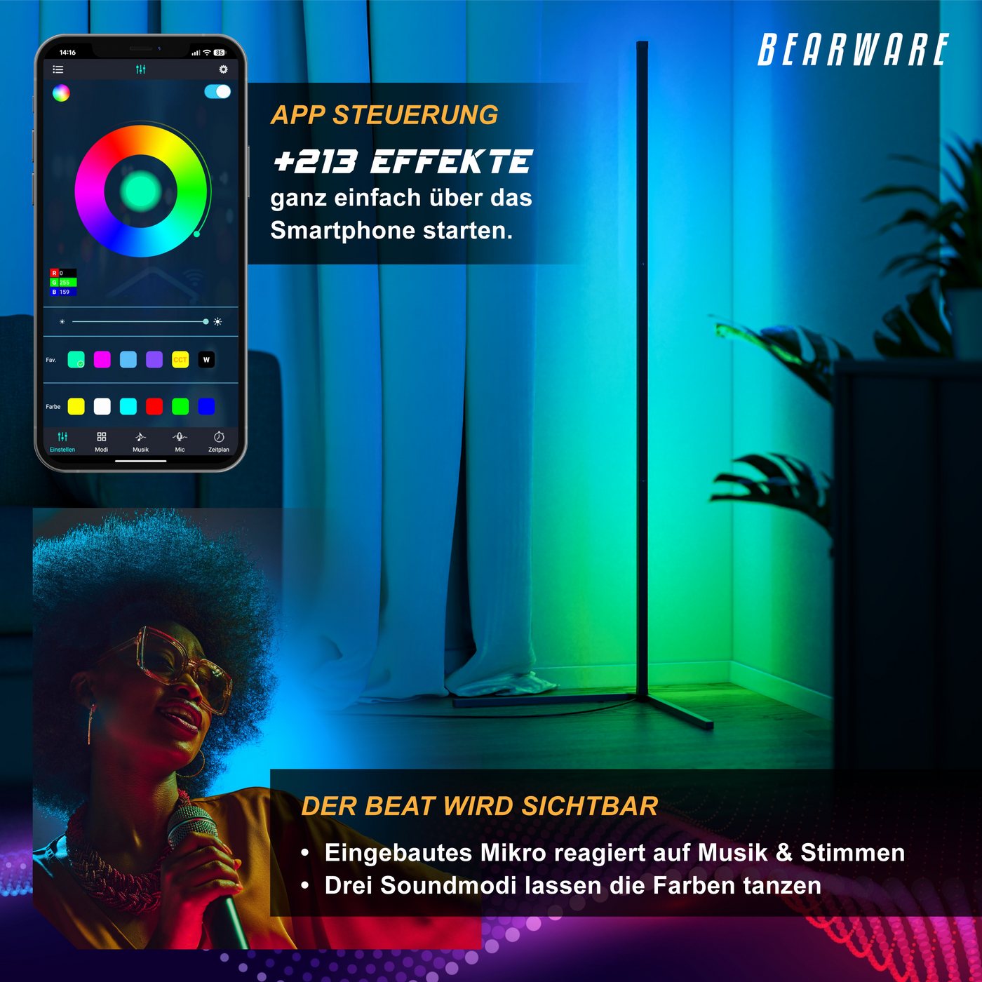 BEARWARE LED Stehlampe Smart Ecklampe, 142 cm, RGB Stimmungslicht mit Bluetooth App-Steuerung, Dimmfunktion, Farbwechsel, LED fest integriert, Farbwechsler, Musik Sync, Fernbedienung, Timer, Helligkeit & Geschwindigkeit wählbar Bild 4
