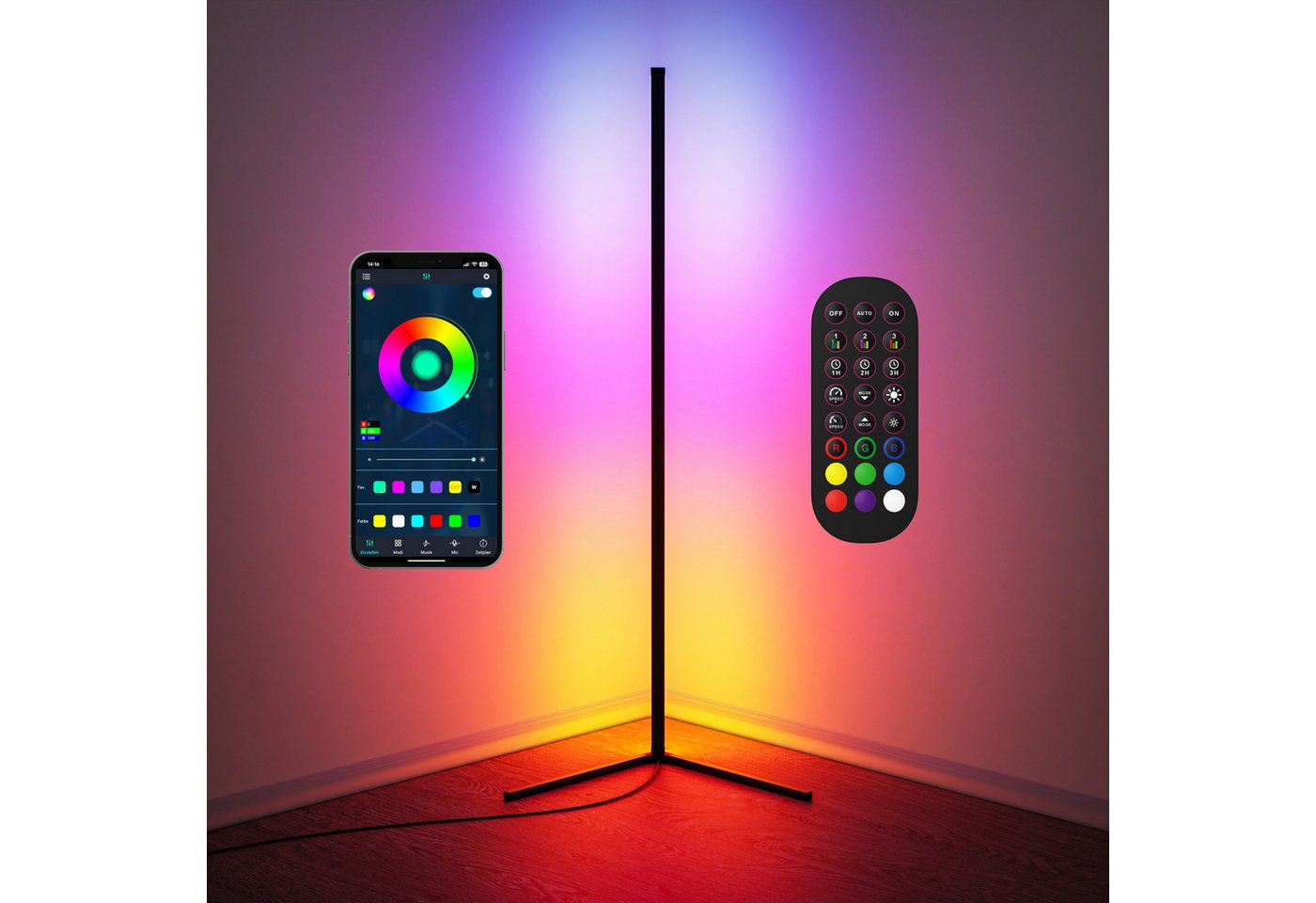 BEARWARE LED Stehlampe Smart Ecklampe, 142 cm, RGB Stimmungslicht mit Bluetooth App-Steuerung, Dimmfunktion, Farbwechsel, LED fest integriert, Farbwechsler, Musik Sync, Fernbedienung, Timer, Helligkeit & Geschwindigkeit wählbar Bild 5
