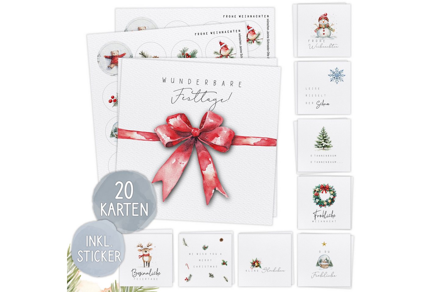 TOBJA Weihnachtskarte 20x XXL Weihnachtskarten Set mit Stickern - Edle Weihnachten, 20 große festliche Weihnachtskarten (14,8 x 14,8 cm) Postkarten Bild 2