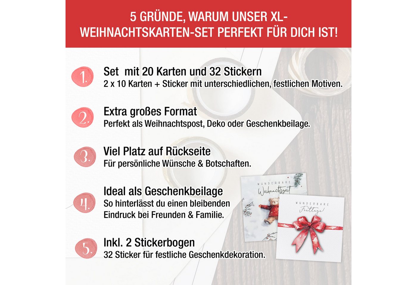 TOBJA Weihnachtskarte 20x XXL Weihnachtskarten Set mit Stickern - Edle Weihnachten, 20 große festliche Weihnachtskarten (14,8 x 14,8 cm) Postkarten Bild 5