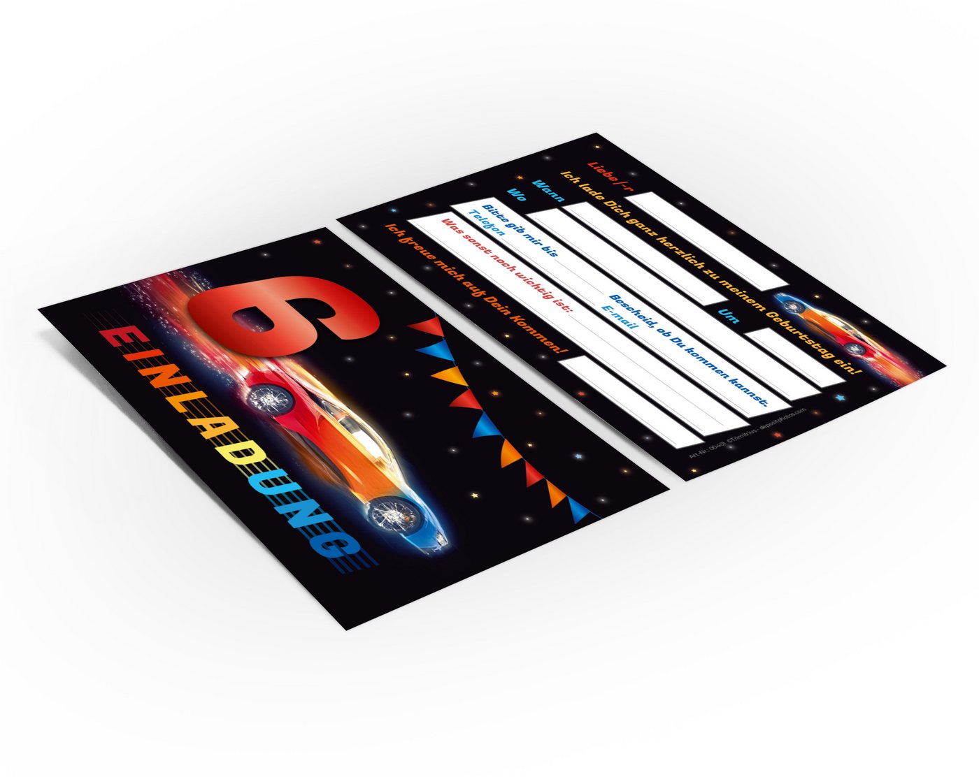 JUNAPACK Einladungskarten Auto zum 6. Kindergeburtstag Jungen Einladungen Rennauto Karten, Einladungskarten mit einem Auto Motiv zum 6. Geburtstag