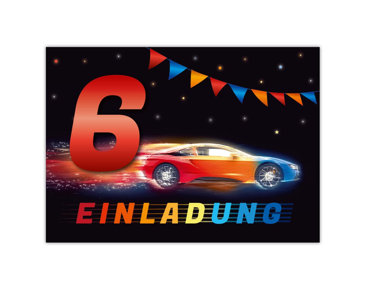 JUNAPACK Einladungskarten Auto zum 6. Kindergeburtstag Jungen Einladungen Rennauto Karten, Einladungskarten mit einem Auto Motiv zum 6. Geburtstag Bild 2