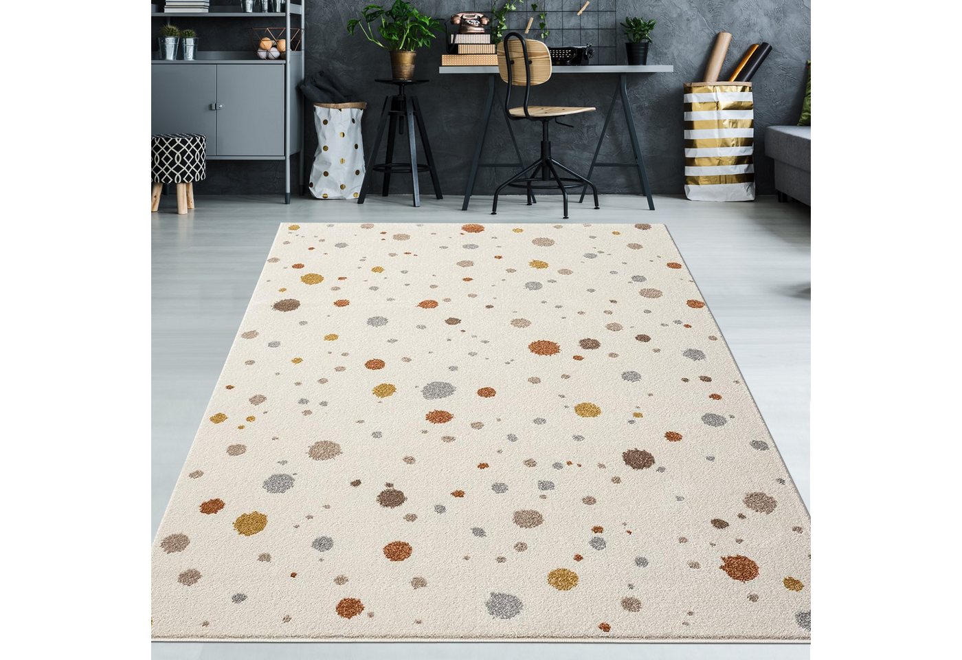 TeppichHome24 Kinderteppich Cremefarbener Teppich mit Farbklecksen in Braun- und Grautönen, rund Bild 4