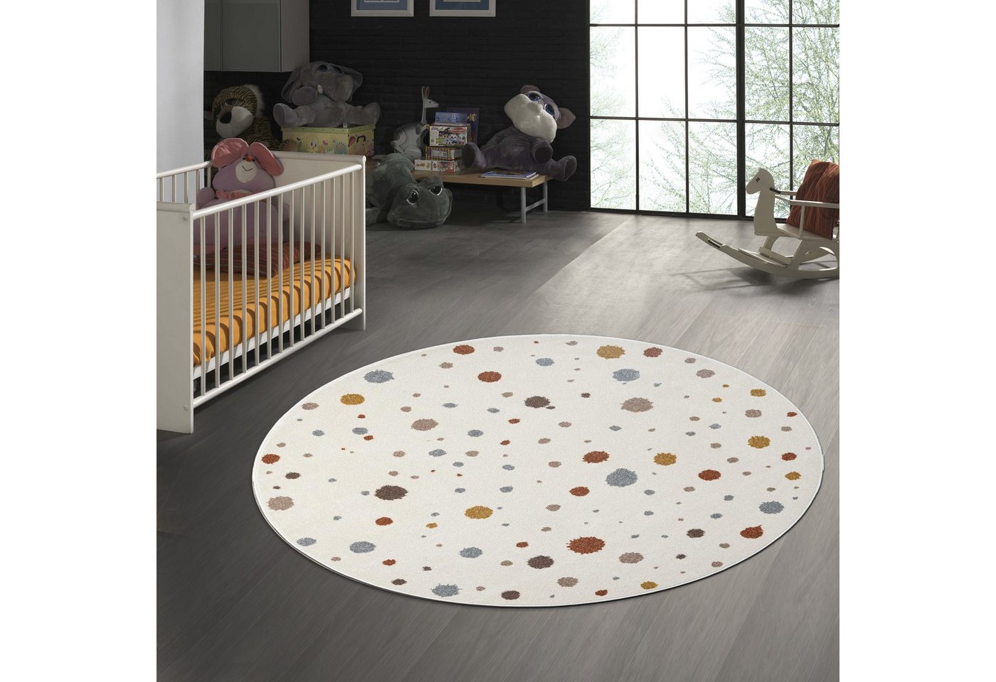 TeppichHome24 Kinderteppich Cremefarbener Teppich mit Farbklecksen in Braun- und Grautönen, rund Bild 5