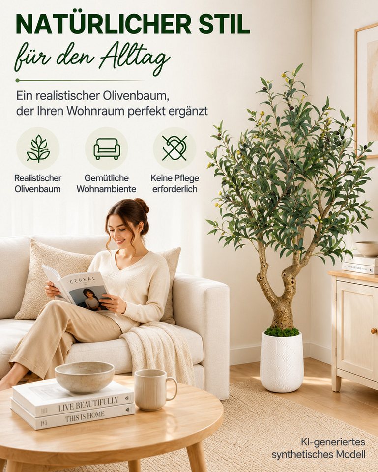 Yorbay Olivenbaum Künstlicher Olivenbaum mit dicker Stamm, Pflanztopf, 1738 Blätter, 73 Oliven, mit grüner Moosdekoration, Höhe 180cm