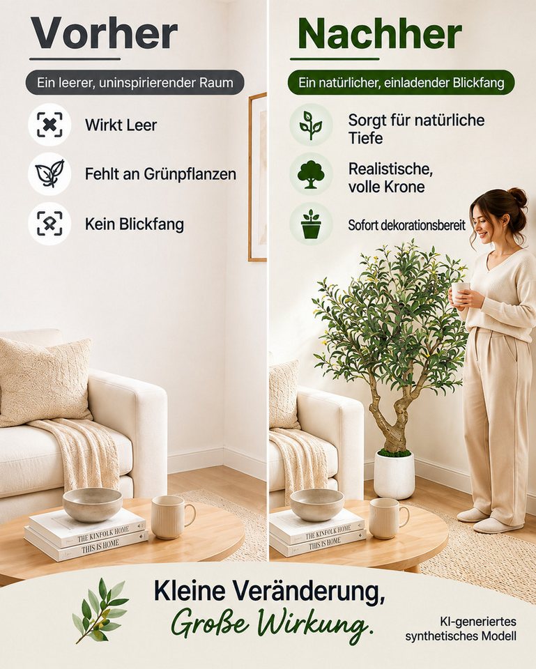 Yorbay Olivenbaum Künstlicher Olivenbaum mit dicker Stamm, Pflanztopf, 1738 Blätter, 73 Oliven, mit grüner Moosdekoration, Höhe 180cm Bild 3