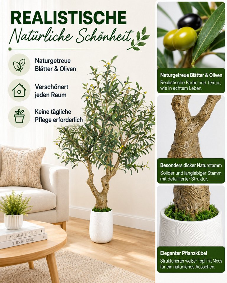 Yorbay Olivenbaum Künstlicher Olivenbaum mit dicker Stamm, Pflanztopf, 1738 Blätter, 73 Oliven, mit grüner Moosdekoration, Höhe 180cm Bild 4