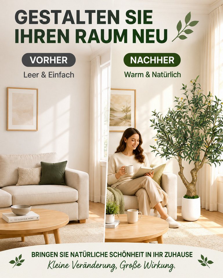 Yorbay Olivenbaum Künstlicher Olivenbaum mit dicker Stamm, Pflanztopf, 1738 Blätter, 73 Oliven, mit grüner Moosdekoration, Höhe 180cm Bild 5