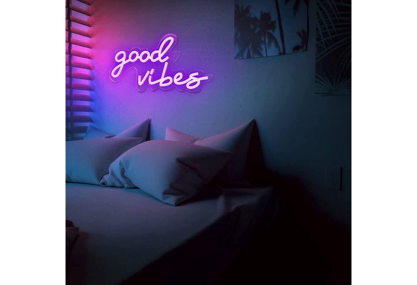 SOLIDEE LED Dekolicht LED-Neonschild „Good Vibes“ mit Acrylsockel, USB, Violett, LED fest integriert, Violett, „Good Vibes“-Schriftzug, violettes Licht, dimmbar, USB-Betrieb