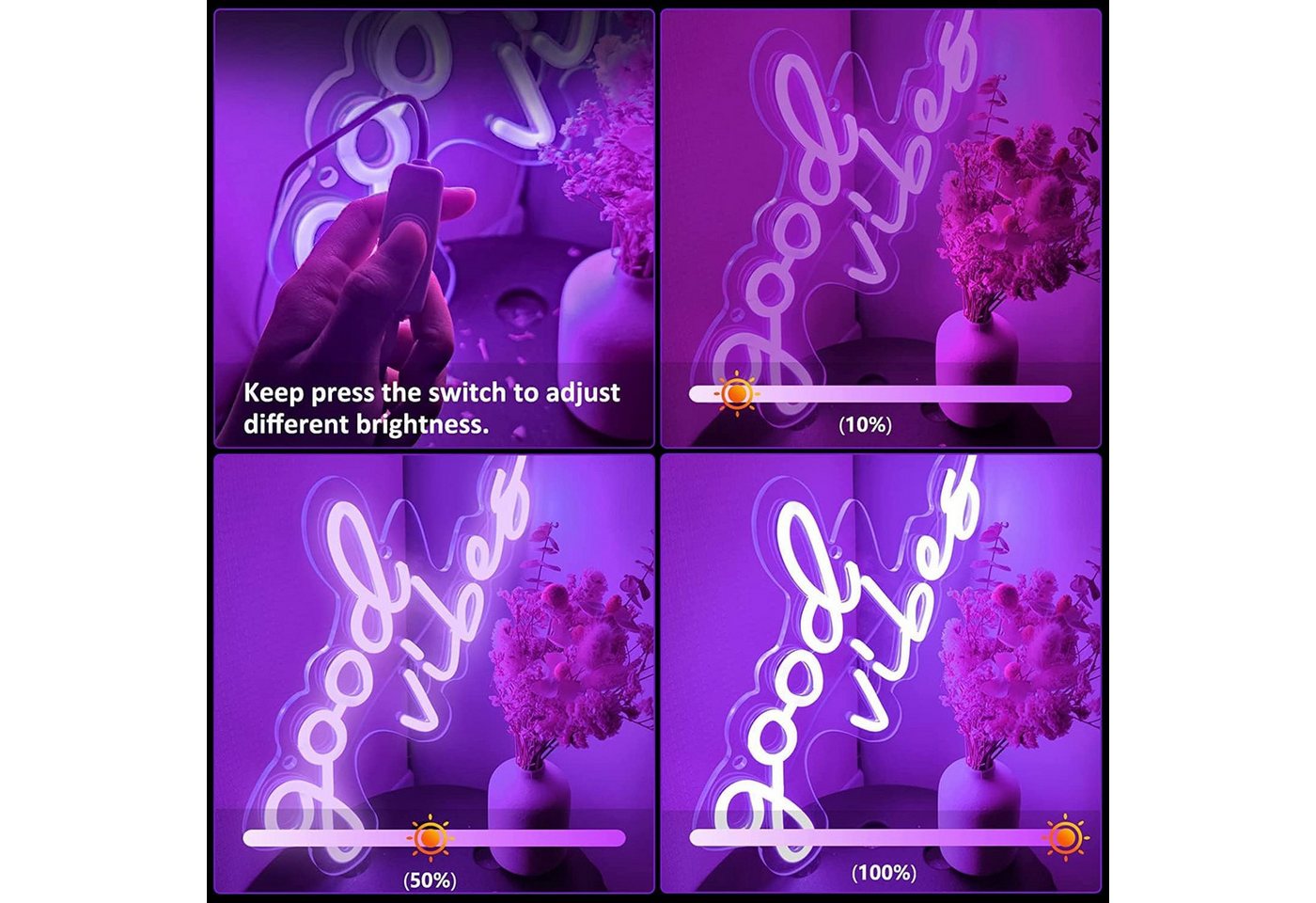SOLIDEE LED Dekolicht LED-Neonschild „Good Vibes“ mit Acrylsockel, USB, Violett, LED fest integriert, Violett, „Good Vibes“-Schriftzug, violettes Licht, dimmbar, USB-Betrieb Bild 3