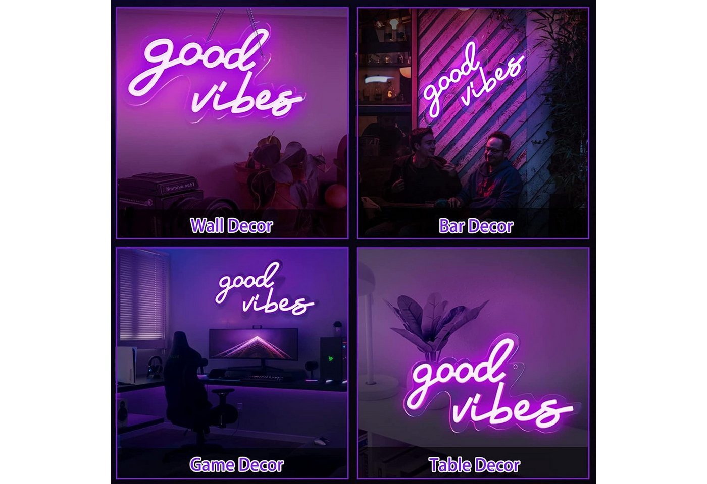 SOLIDEE LED Dekolicht LED-Neonschild „Good Vibes“ mit Acrylsockel, USB, Violett, LED fest integriert, Violett, „Good Vibes“-Schriftzug, violettes Licht, dimmbar, USB-Betrieb Bild 4