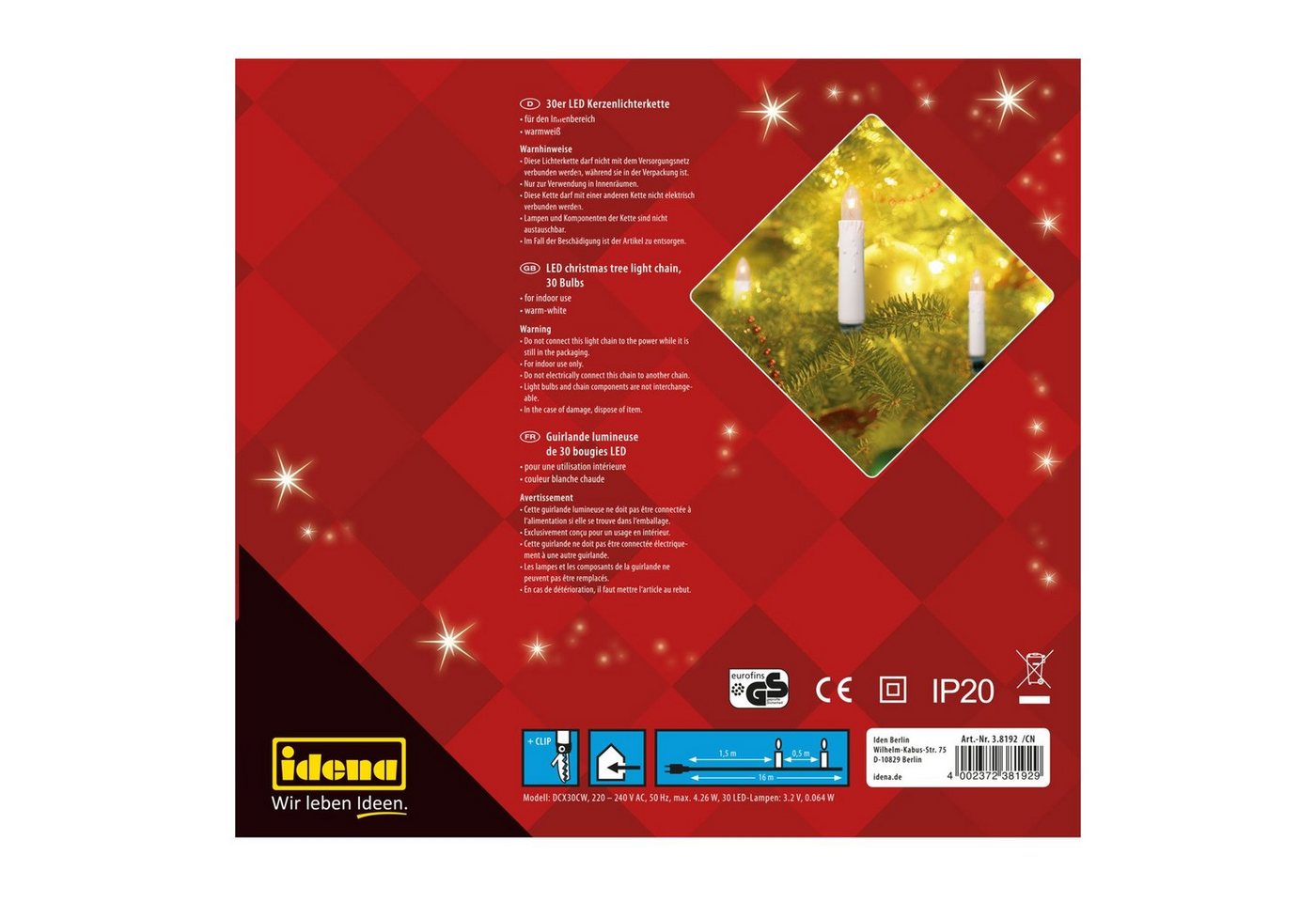 Idena LED-Lichterkette Idena 38192 - LED Kerzen Lichterkette mit 30 LEDs in Warmweiß, elfenbe Bild 4