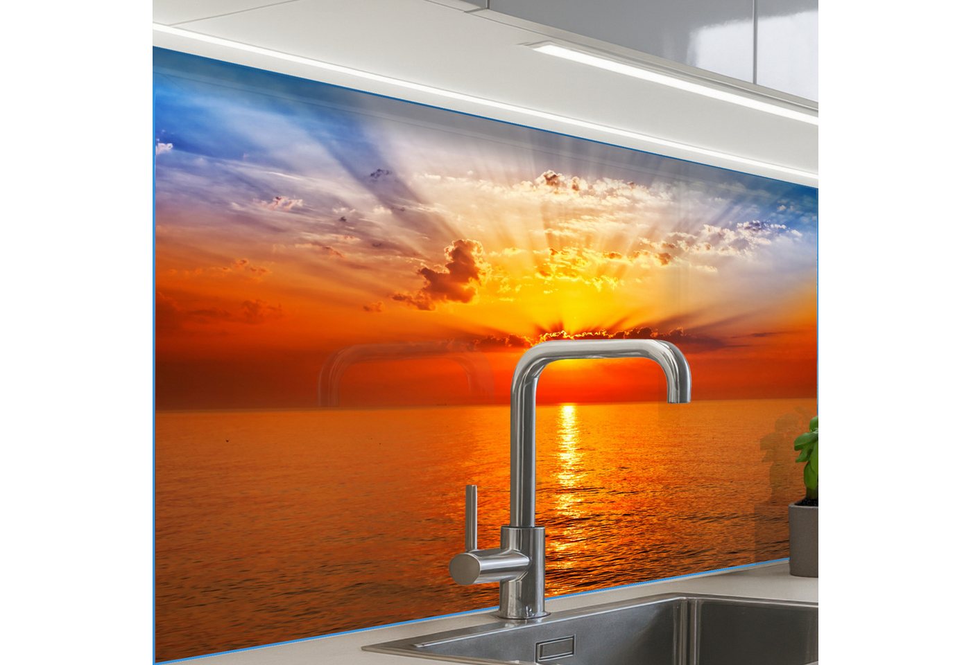 KitchenYeah Küchenrückwand selbstklebend Sonnenuntergang - Meer - Himmel - Orange - Horizont - Wa, (1-tlg), Spritzschutz, Küche, Rückwand, Küchenwand, Küchenfront, 80x60 cm