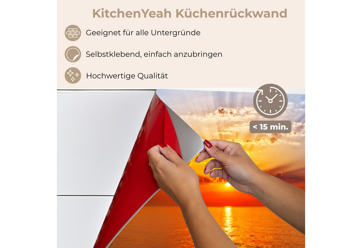 KitchenYeah Küchenrückwand selbstklebend Sonnenuntergang - Meer - Himmel - Orange - Horizont - Wa, (1-tlg), Spritzschutz, Küche, Rückwand, Küchenwand, Küchenfront, 80x60 cm Bild 2