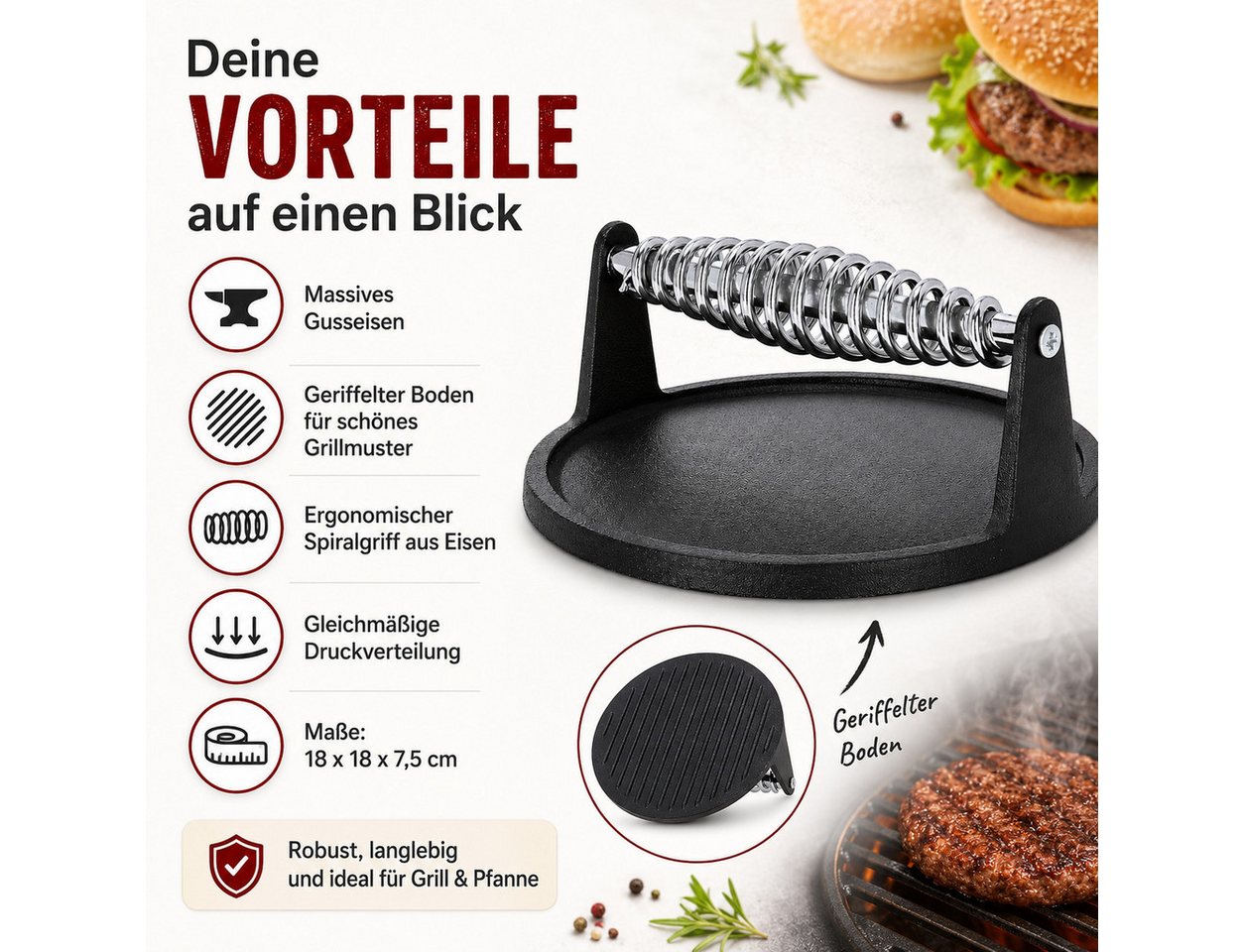 esschert design Burgerpresse Hamburgerpresse Gusseisen mit Grillmuster für perfekte Burger (1 St), MEtall