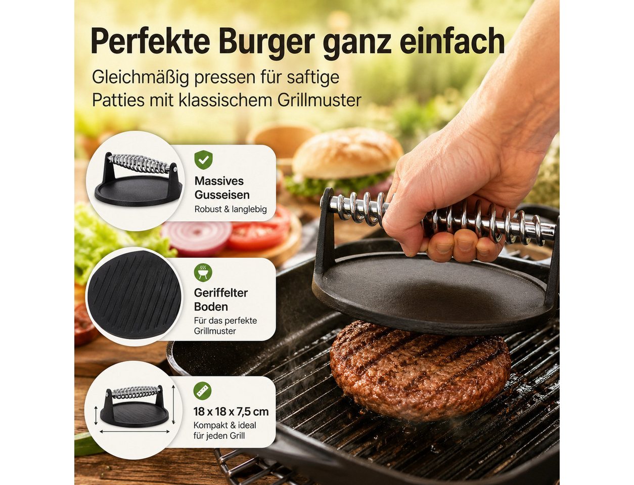 esschert design Burgerpresse Hamburgerpresse Gusseisen mit Grillmuster für perfekte Burger (1 St), MEtall Bild 2