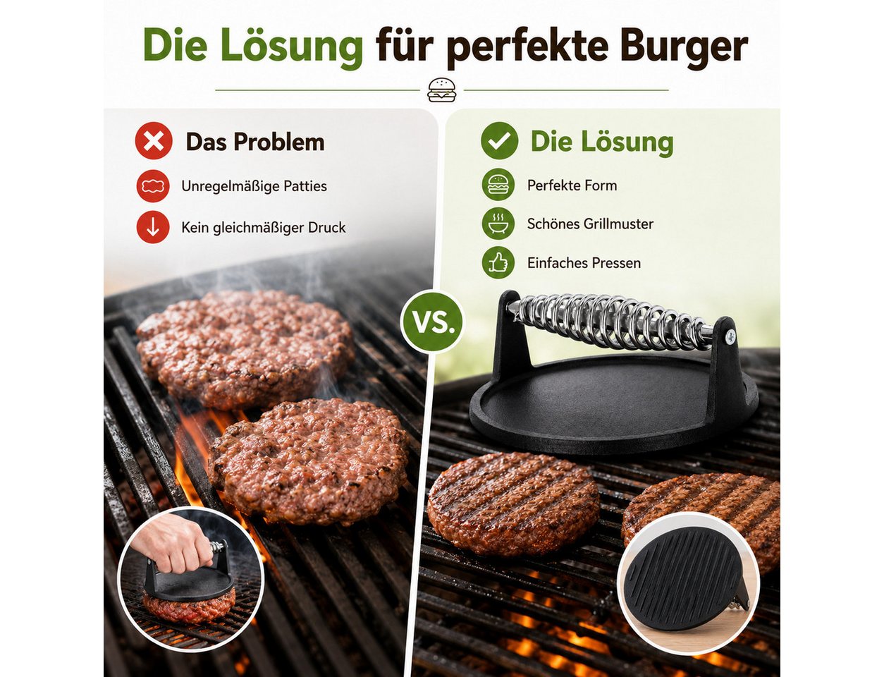 esschert design Burgerpresse Hamburgerpresse Gusseisen mit Grillmuster für perfekte Burger (1 St), MEtall Bild 4
