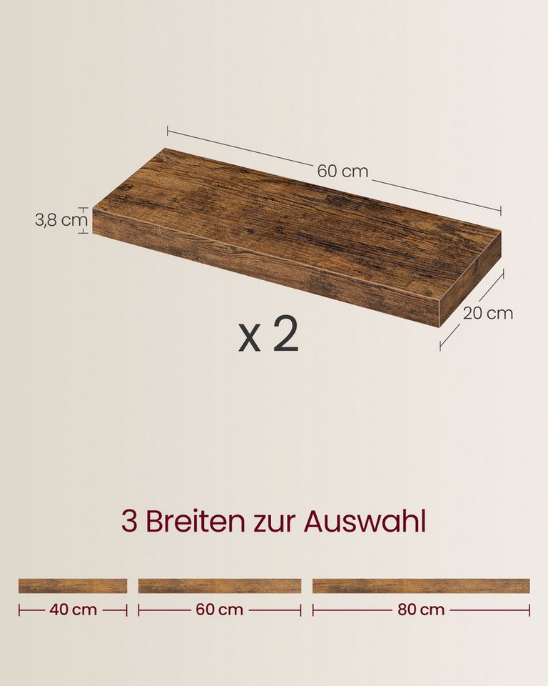 VASAGLE Wandregal Schweberegal, Regalbrett, 40/60/80 cm, 1/2/3er Set, 2-tlg., 20 x 60 x 3,8 cm, für Wohnzimmer, für Bilderrahmen, Regalbrett, Deko