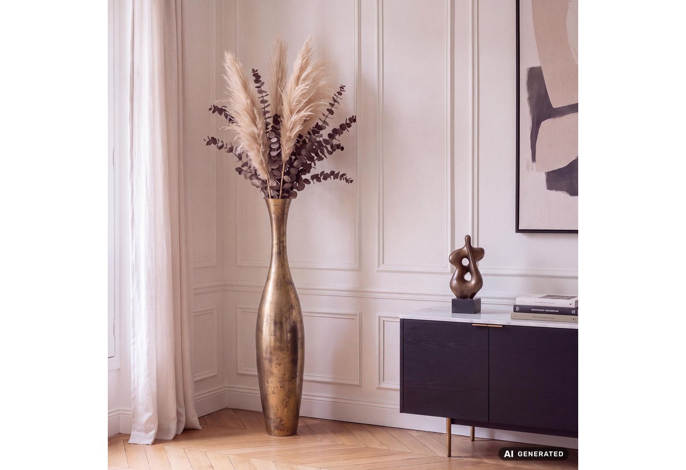 FINEBUY Bodenvase FB64127 Vase Aluminium Gold Blumenvase XXL Wohndeko Groß Alu Modern (75 cm Aluminium Gold Modern Groß), Hohe Alu Blumenvase Handgefertigt, Vase für Blumen
