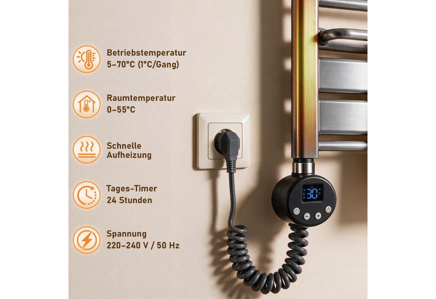 Clanmacy Heizstab Elektro Heizstab 300-1200W WLAN Thermostat App Timer Anthrazit