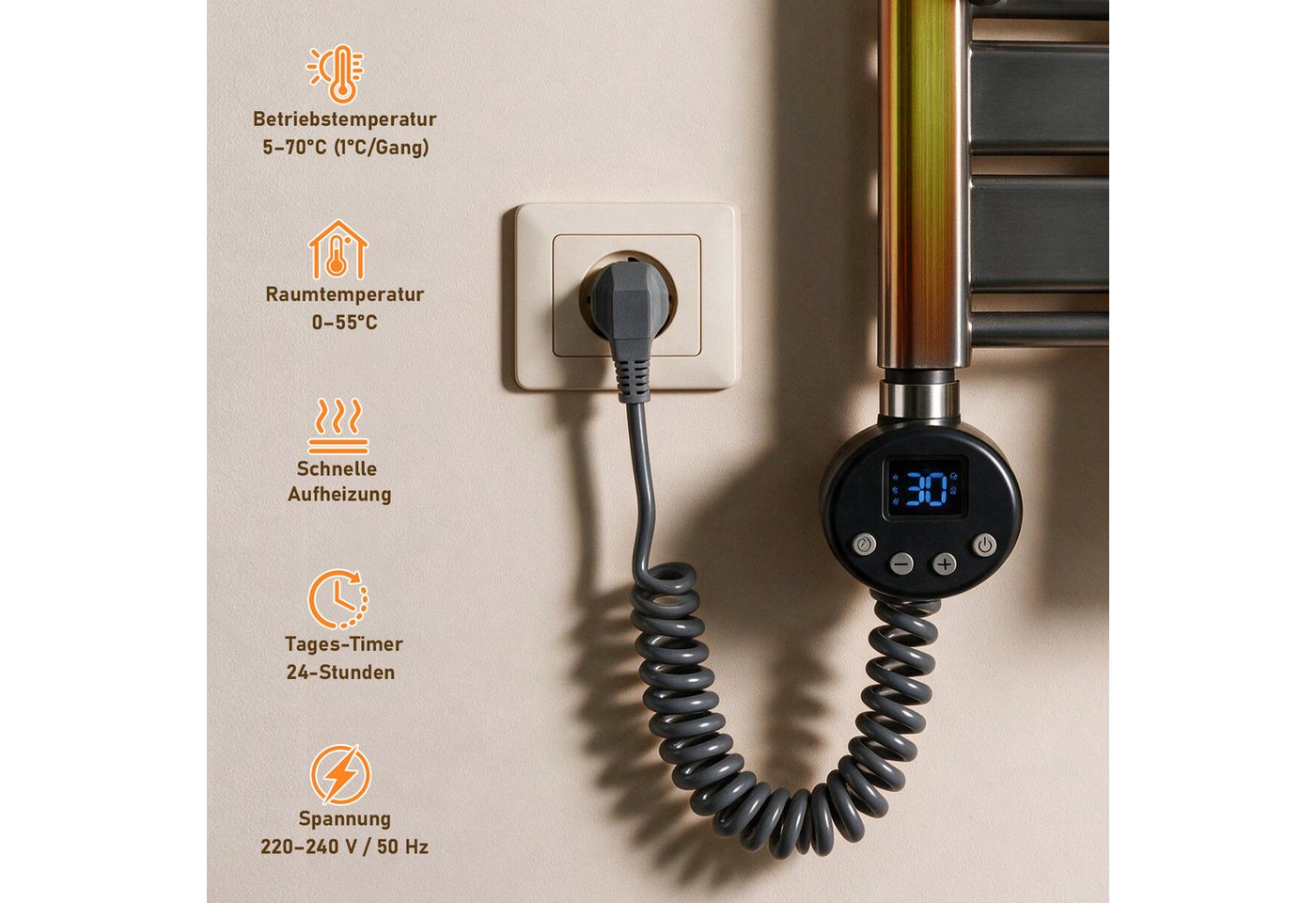 Clanmacy Heizstab Elektro Heizstab 300-1200W WLAN Thermostat App Timer Anthrazit Bild 4