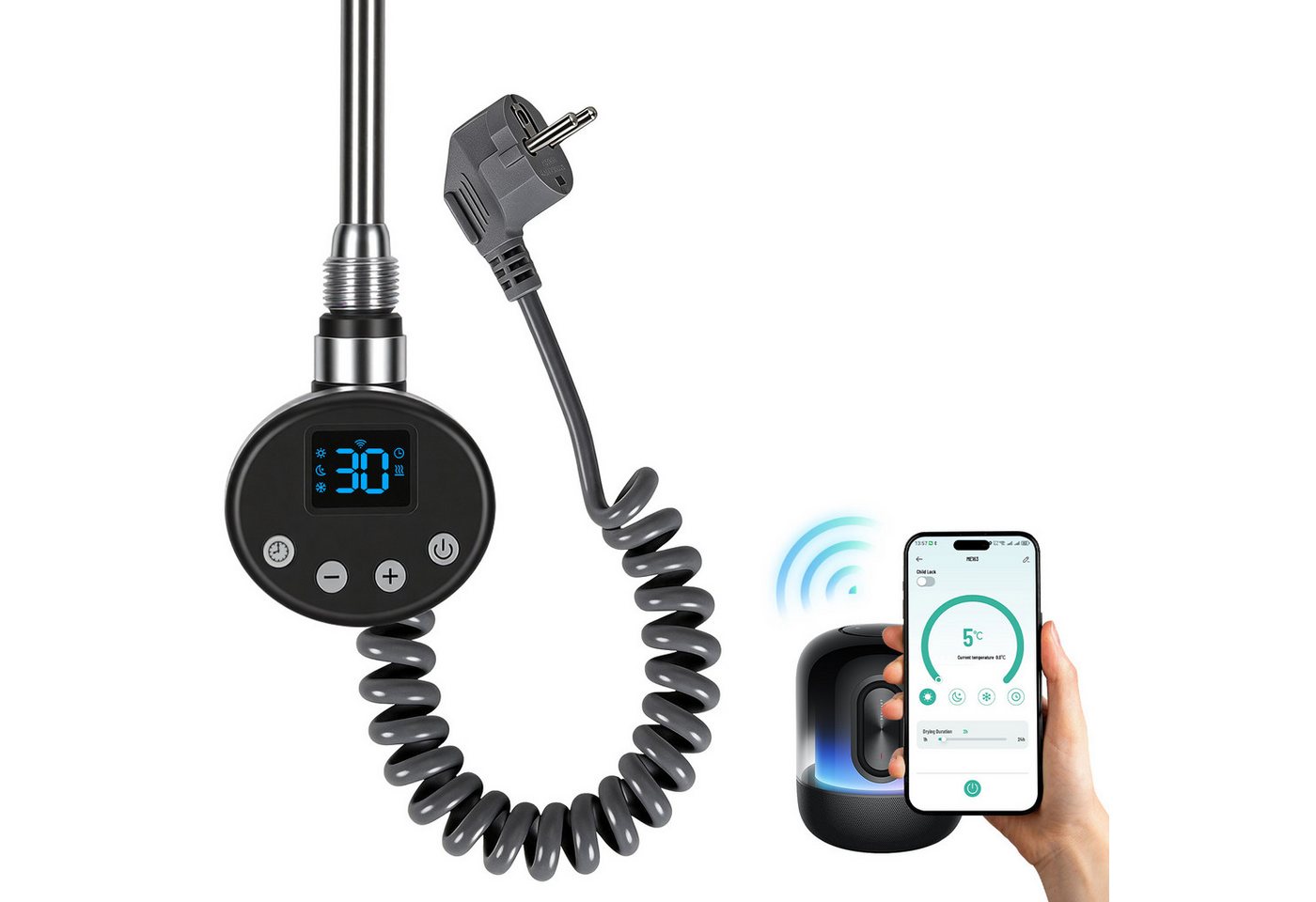 Clanmacy Heizstab Elektro Heizstab 300-1200W WLAN Thermostat App Timer Anthrazit Bild 5