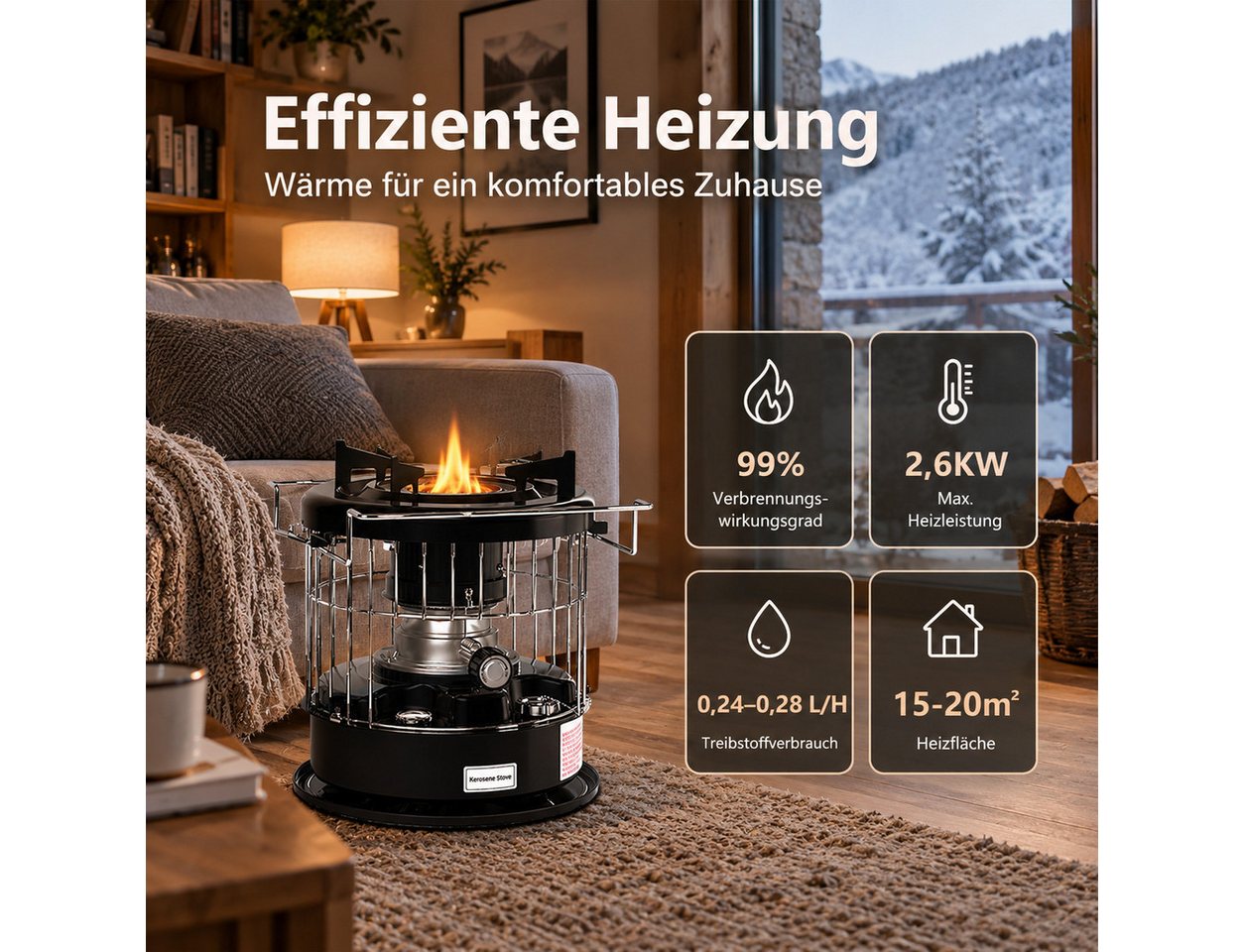 GLIESE Petroleumheizung – Brennstoffbetriebener Raumheizkörper R95, tragbar & Campingkocher, Ohne Strom, 2600 W, 12,5 h Laufzeit, Heizen & Kochen, 6,5 kg Bild 2
