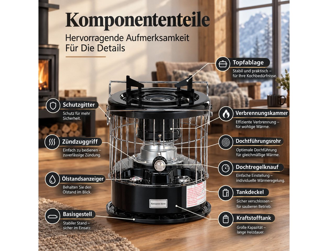GLIESE Petroleumheizung – Brennstoffbetriebener Raumheizkörper R95, tragbar & Campingkocher, Ohne Strom, 2600 W, 12,5 h Laufzeit, Heizen & Kochen, 6,5 kg Bild 4