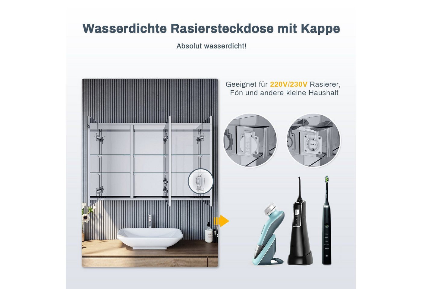 SONNI Spiegelschrank Spiegelschrank 3-türig bad mit led 90 cm breit Edelstahl mit Kippschalter, Steckdose, verstellbare Einlegeböden,IP44 Bild 3