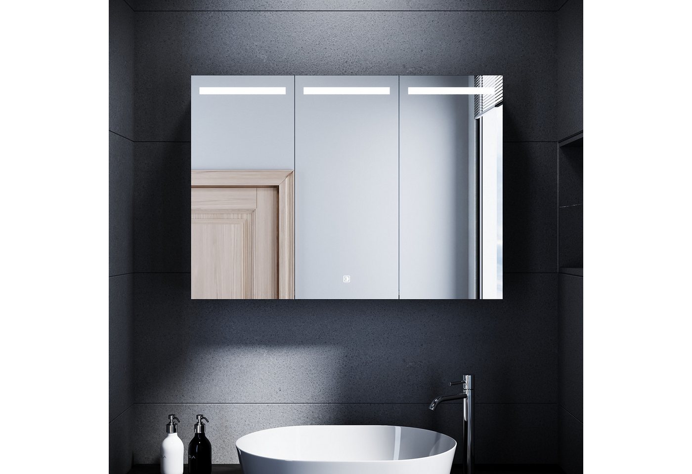SONNI Spiegelschrank Spiegelschrank 3-türig bad mit led 90 cm breit Edelstahl mit Kippschalter, Steckdose, verstellbare Einlegeböden,IP44 Bild 4