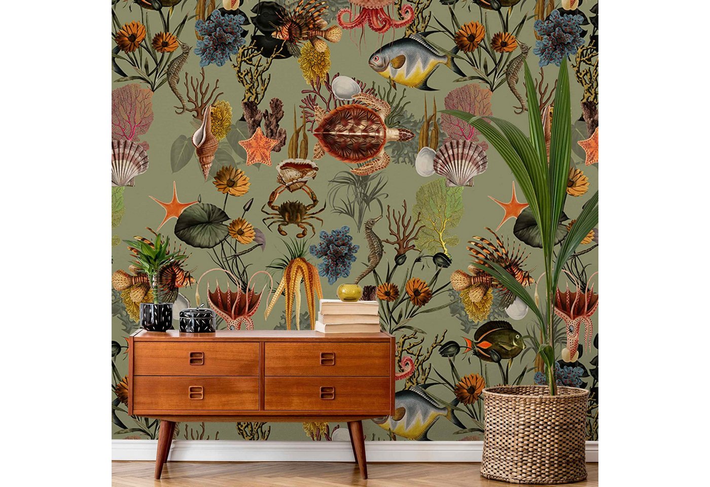 Bilderdepot24 Fototapete Tiefe See Grün Unterwasser Fische, Glatt, Matt, (Vliestapete inkl. Kleister oder selbstklebend), Wohnzimmer Schlafzimmer Küche Flur Motivtapete Vliestapete Wandtapete