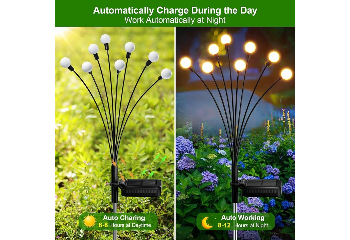 Fyrove LED Solarleuchte 2 Stück LED Solar Gartendeko solarlampen für außen 6 LED Glühwürmchen, 2 Stück LED fest integriert IP65 Wasserdicht solarlampen für außen Warmweiß, solar lampen für außen, LED Solar Gartendeko, Solarlampen Garten, LED Solarleuchte, Swinging Garten Lichter Dekorative für Fußweg, Yard, Patio