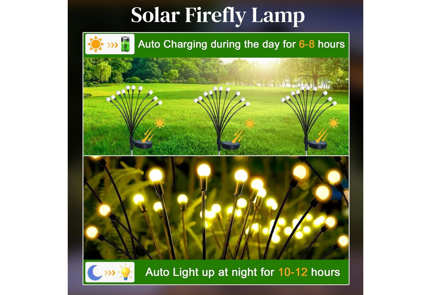 Fyrove LED Solarleuchte 2 Stück LED Solar Gartendeko solarlampen für außen 6 LED Glühwürmchen, 2 Stück LED fest integriert IP65 Wasserdicht solarlampen für außen Warmweiß, solar lampen für außen, LED Solar Gartendeko, Solarlampen Garten, LED Solarleuchte, Swinging Garten Lichter Dekorative für Fußweg, Yard, Patio Bild 3