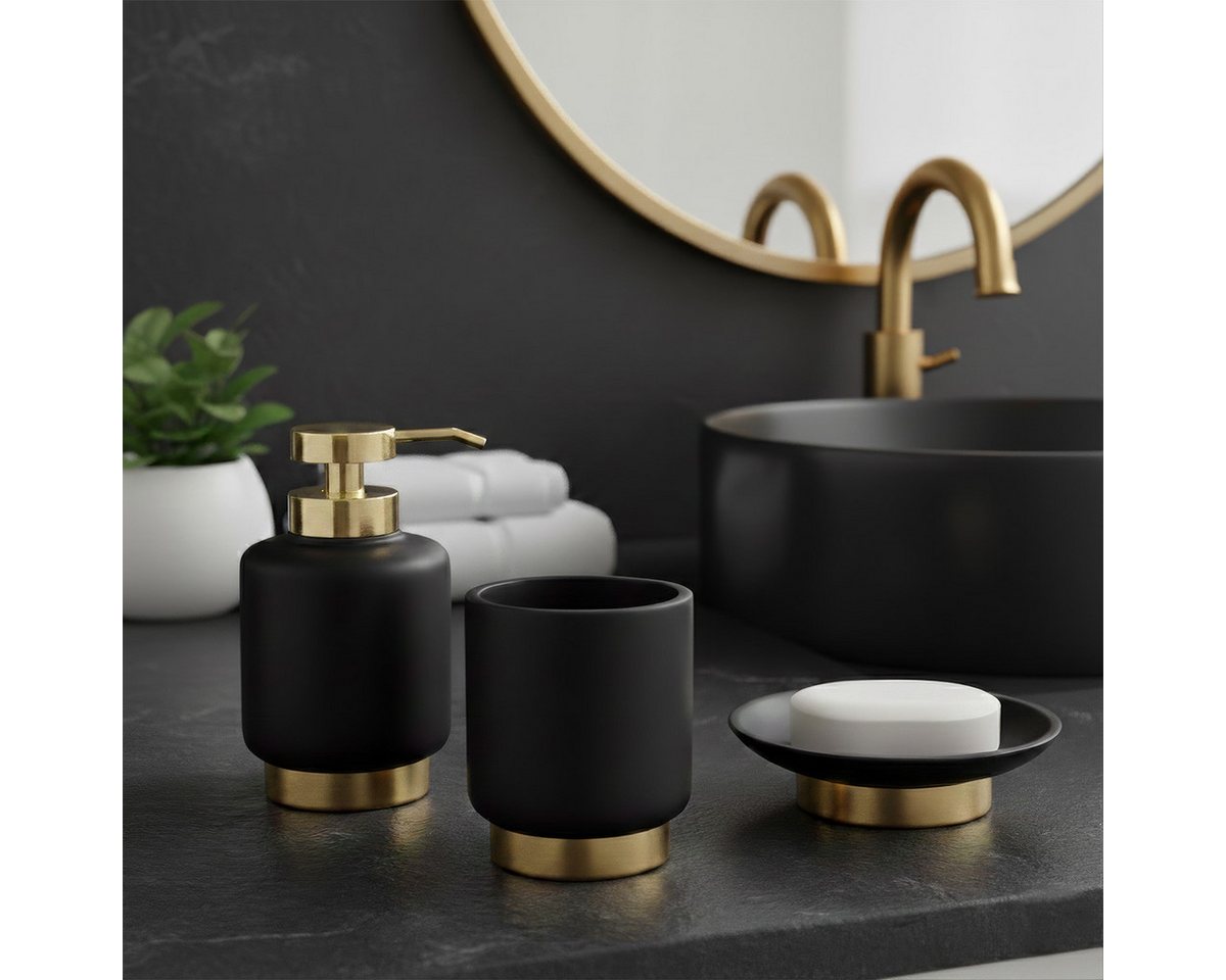 LikeKa Badaccessoire-Set schwarz Matt Gold Seifenspender Toilettenbürste Kosmetikeimer Bild 2